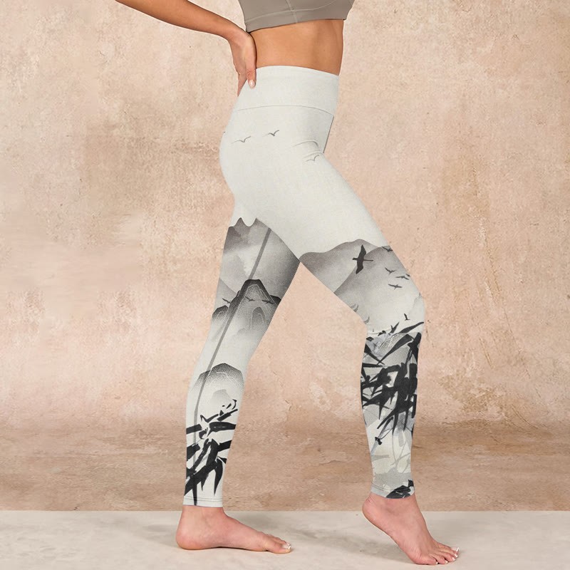 Ink Bamboo Mountains Print Gym Leggings Women's Yoga Pants