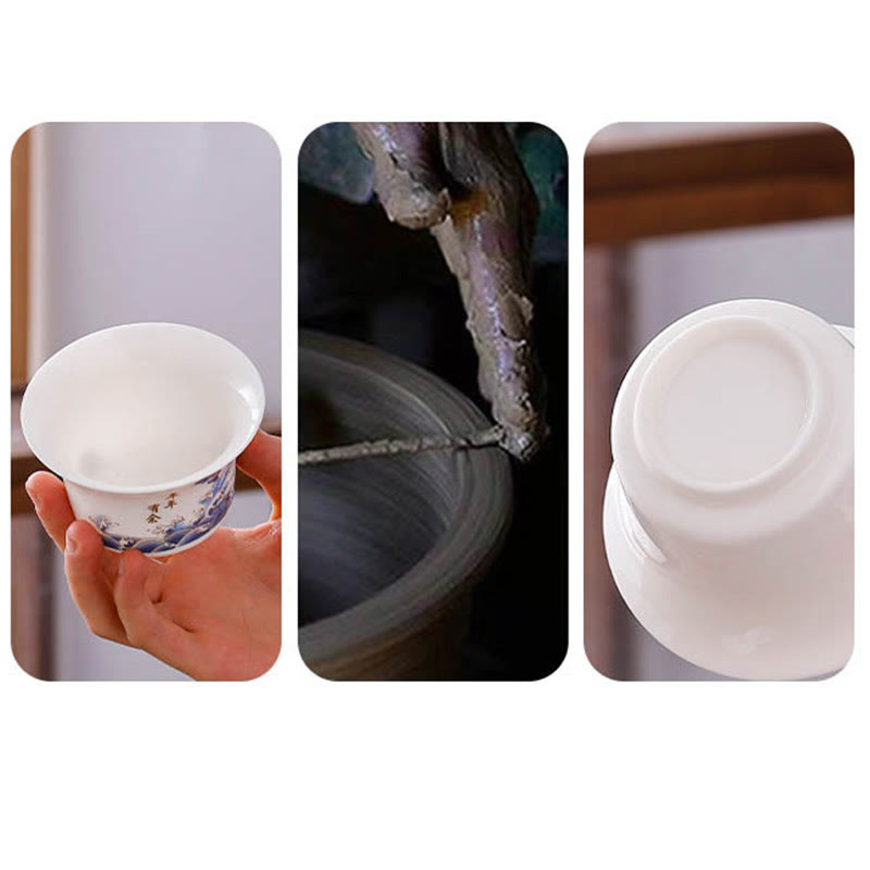 White Porcelain Mountain Landscape Countryside Ceramic Gaiwan Teacup Kung Fu Tea Cup And Saucer With Lid