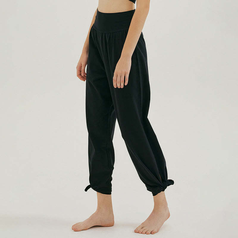 Casual Loose Tie-down Hem Plain High Waist Women's Leica Pants With Pockets