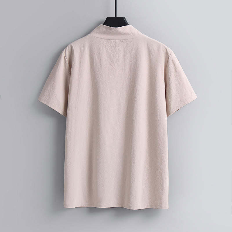Loose Men's T-Shirt Solid Color Top Short Sleeve V Collar Breathable Linen Shirt