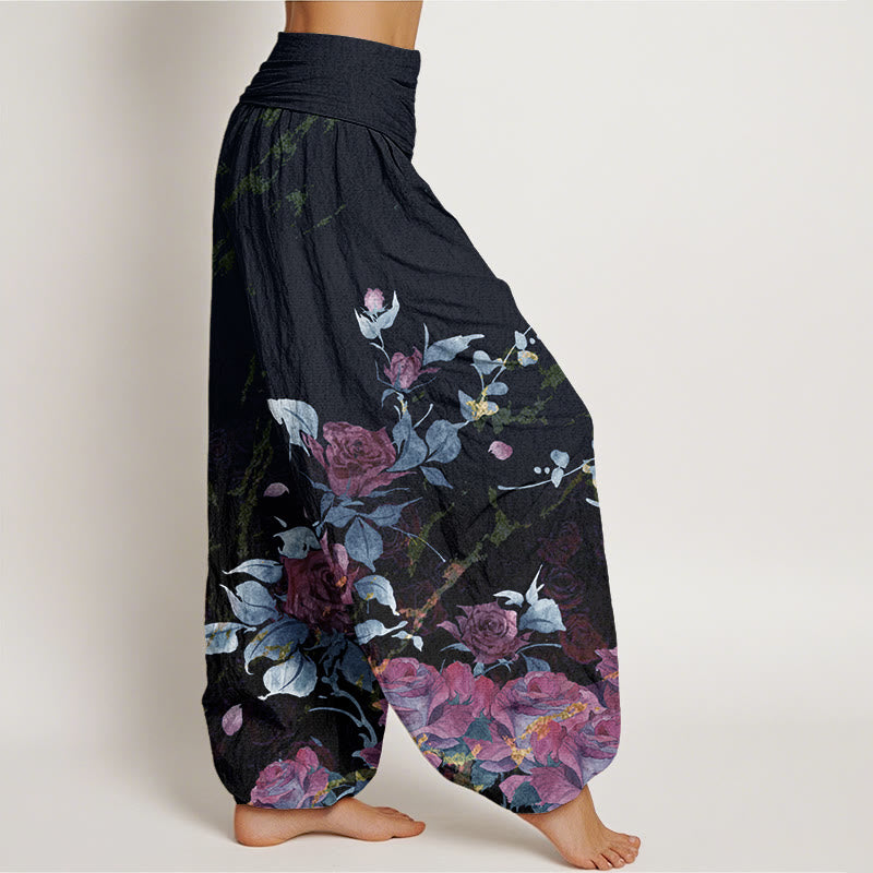 Blooming Roses Pattern Women's Elastic Waist Harem Pants