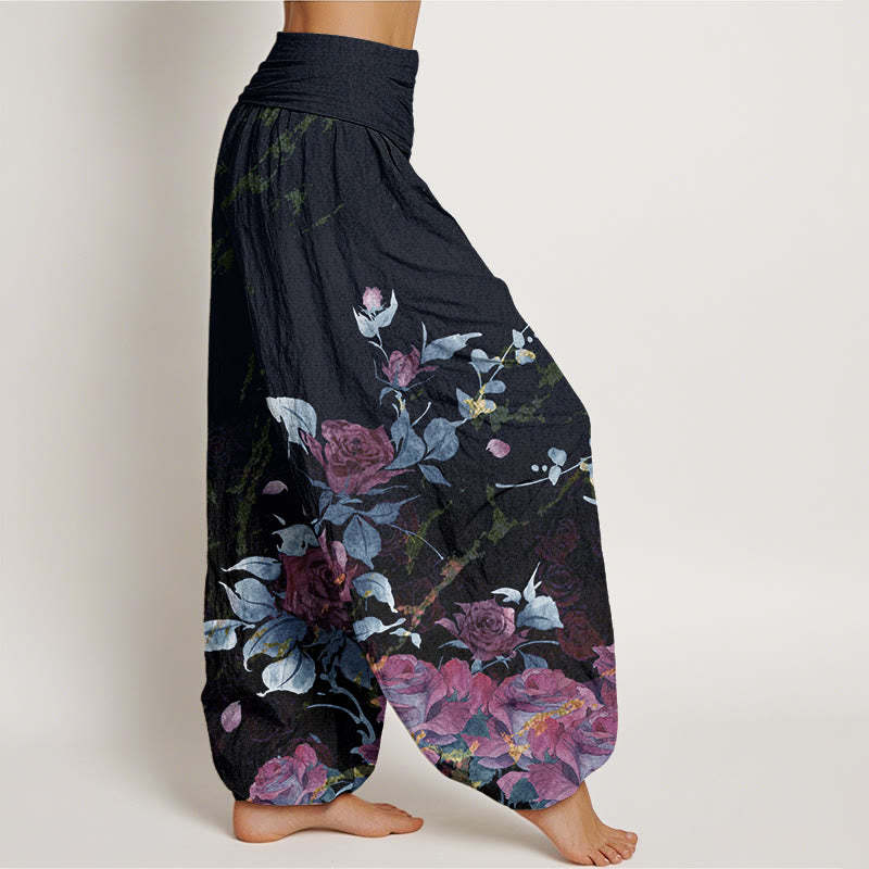 Blooming Roses Pattern Women's Elastic Waist Harem Pants