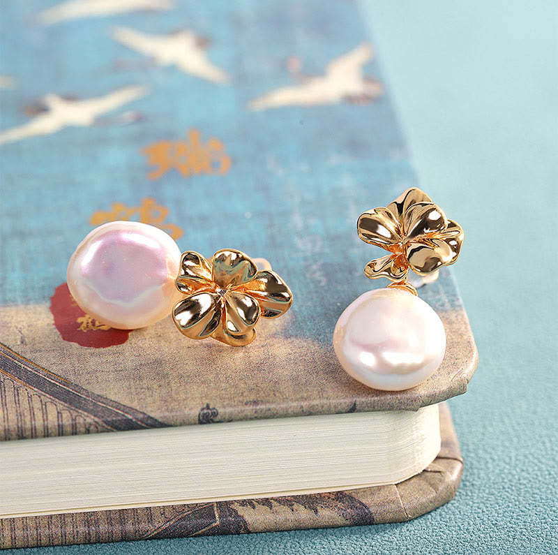 925 Sterling Silver Natural Baroque Pearl Flower Healing Drop Earrings