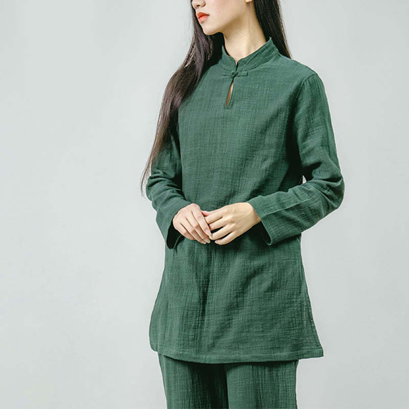 2Pcs Tang Suit Frog-Button Shirt Top Pants Meditation Zen Tai Chi Cotton Linen Clothing Women's Set