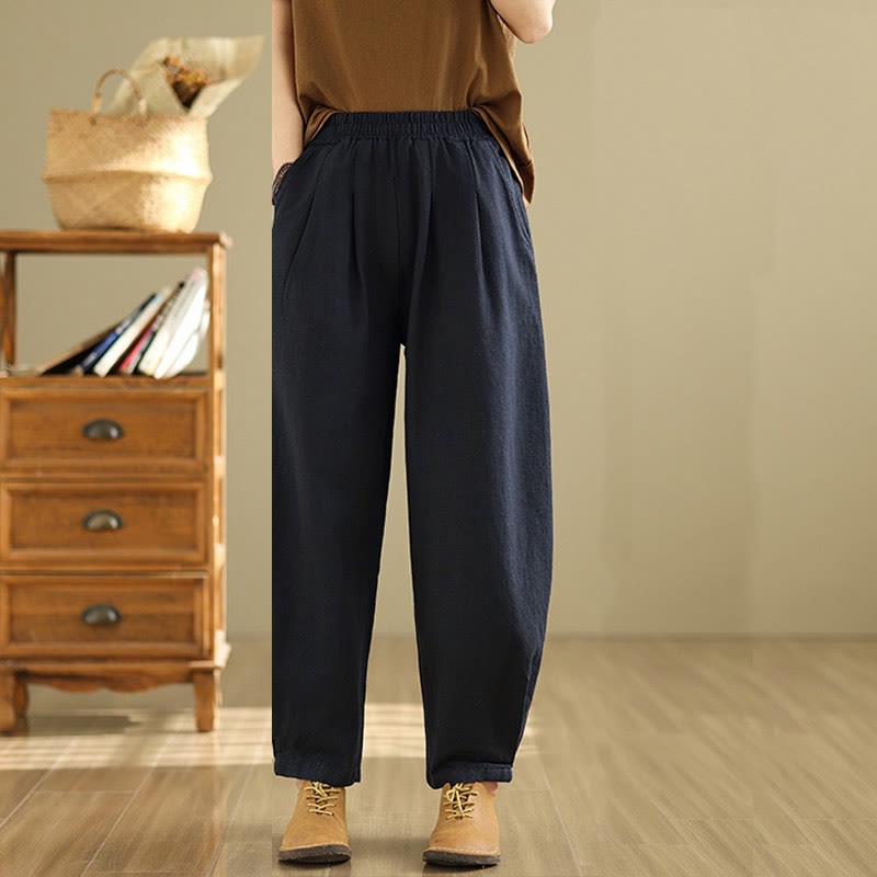 Casual Solid Color Tapered Elastic Waistband Cotton Linen Women's Pants With Pockets