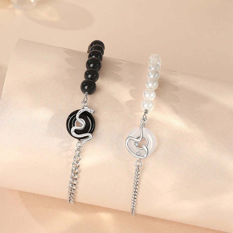 Black Obsidian Black Onyx Chalcedony Peace Buckle 925 Sterling Silver Year Of The Snake Pearl Purification Couple's Bracelet