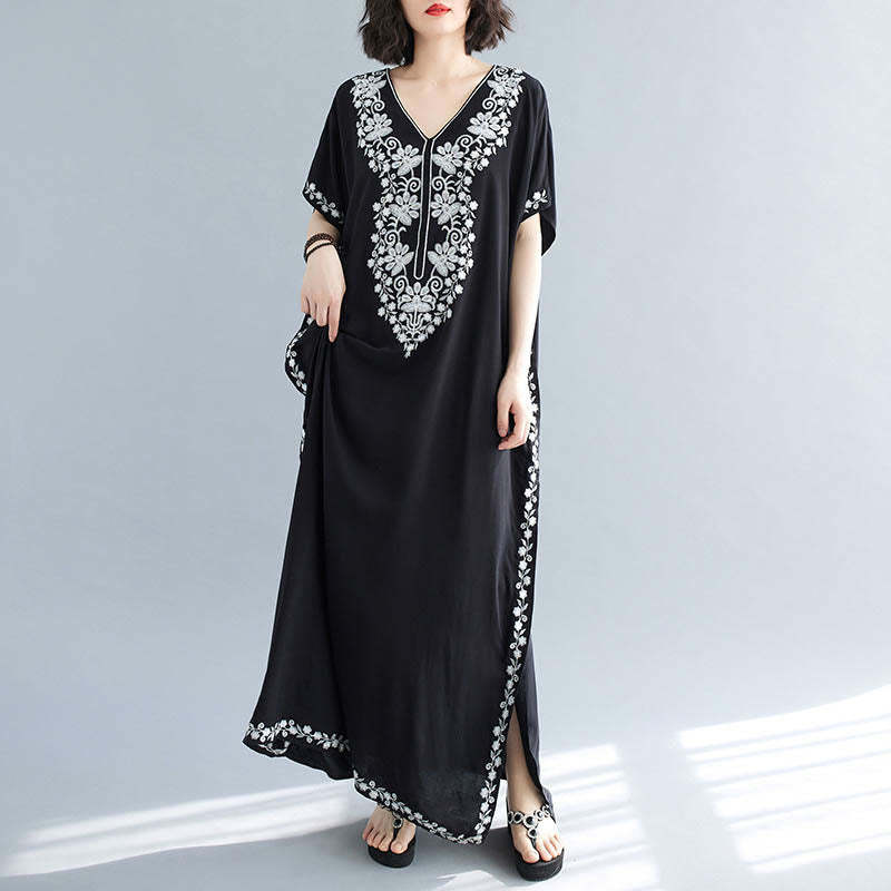 Summer Embroidery Flower V-Neck Short Sleeve Maxi Dress