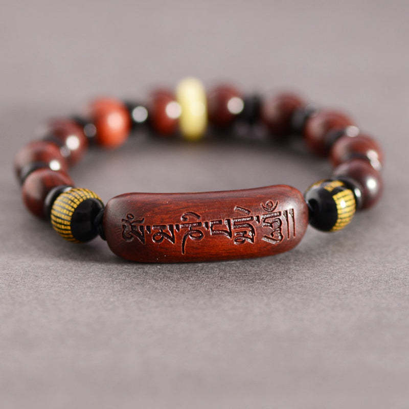 Small Leaf Red Sandalwood Om Mani Padme Hum Engraved Protection Bracelet