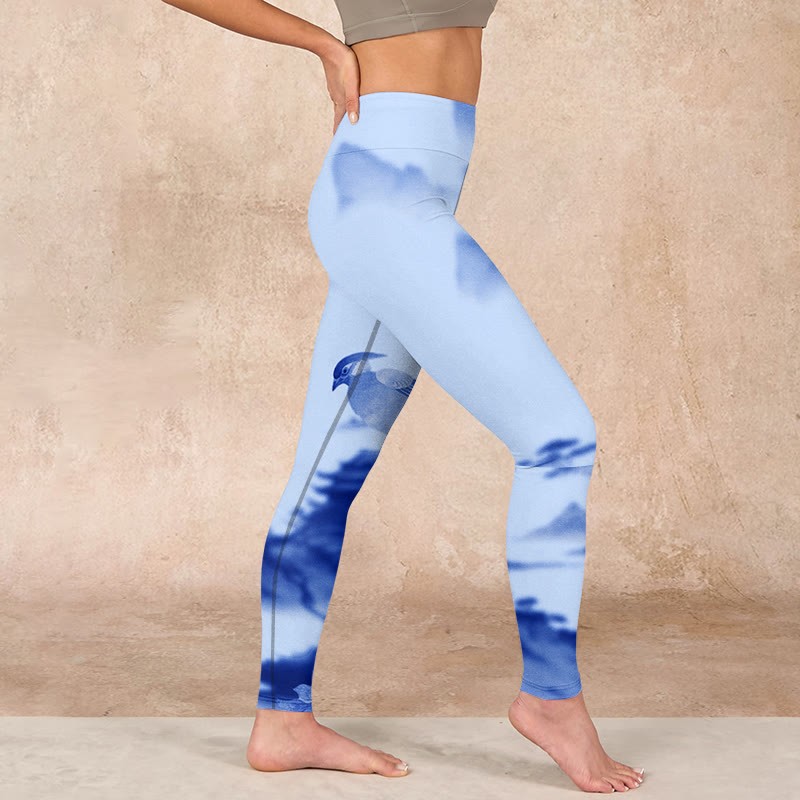 Blue Bird Peony Print Sports Leggings Women's Yoga Pants