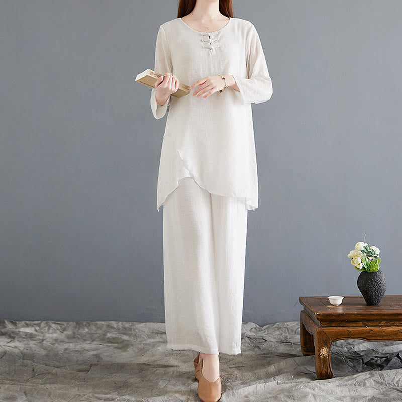 2Pcs Frog-Button Long Sleeve Shirt Wide Leg Pants Meditation Cotton Linen Clothing