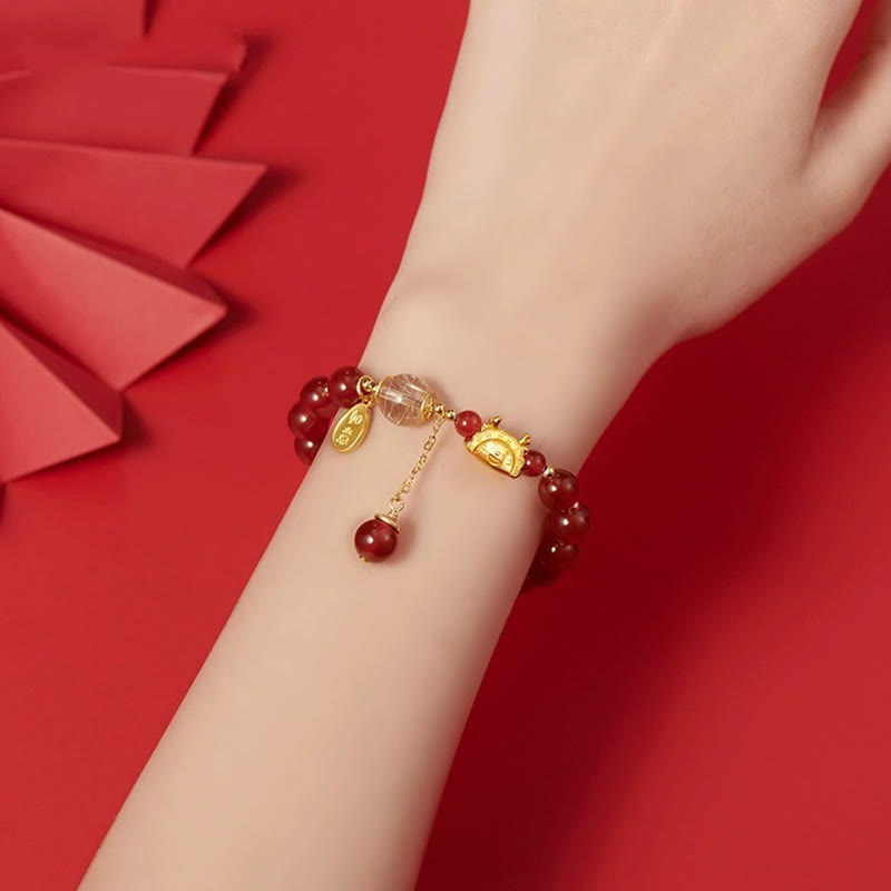 Year of the Dragon Dumpling Natural Red Agate Garnet Hetian Jade Fu Character Luck Success Bracelet