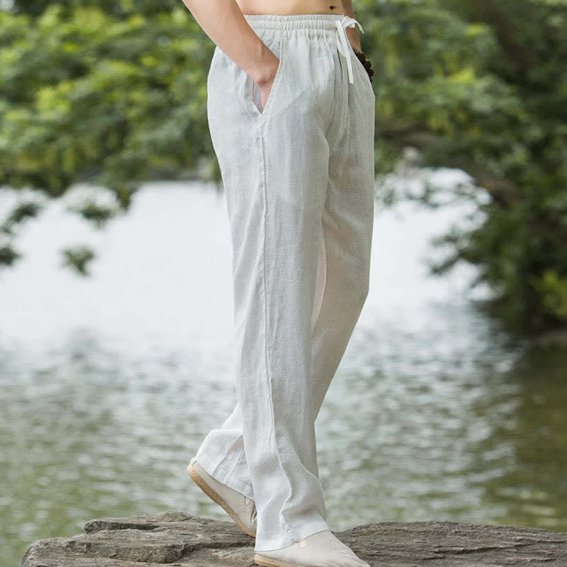 Solid Color Linen Men's Wide Leg Pants With Pockets