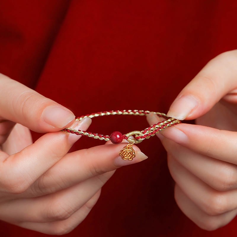 Handmade 925 Sterling Silver Lotus Cinnabar Gold Bead Blessing Braid Bracelet
