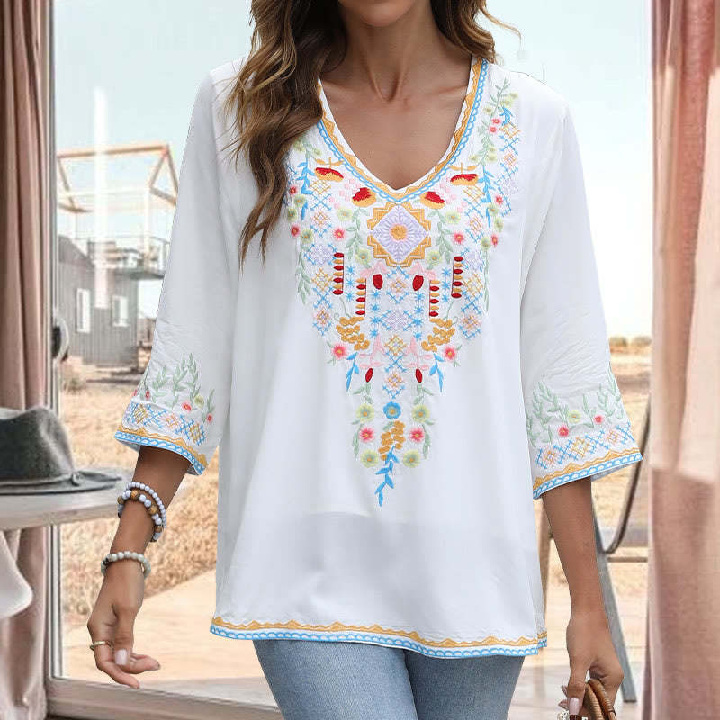 Spring Daily Embroidery Flower Pattern Long Sleeve V-neck Cotton Women's T-Shirt