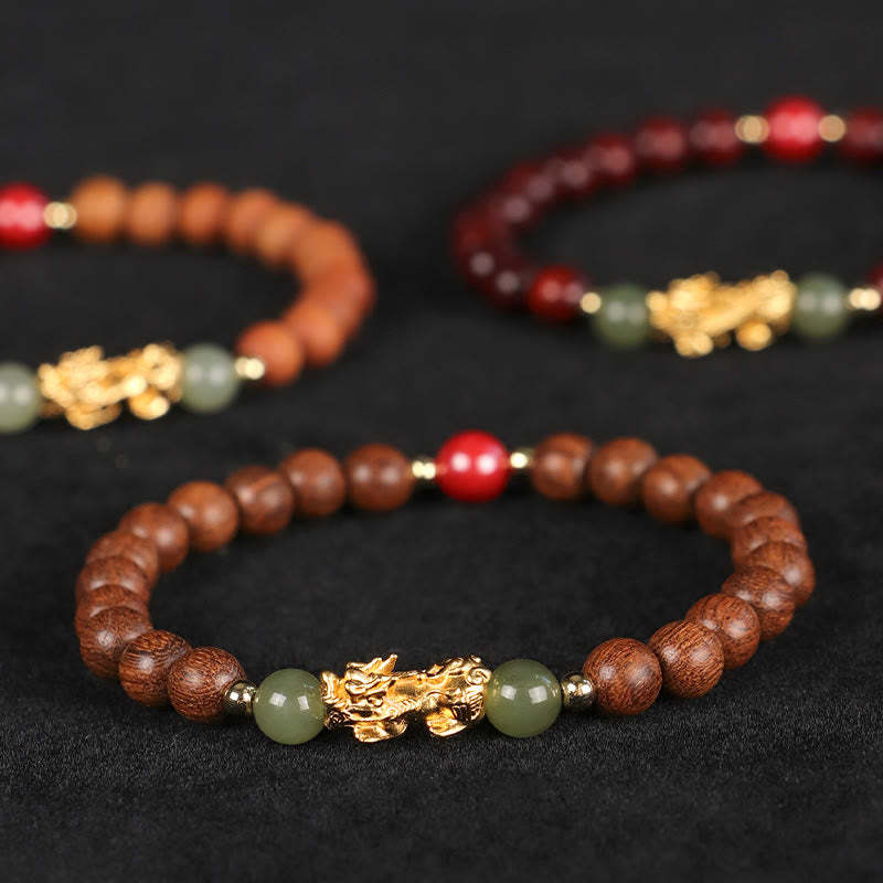 999 Sterling Silver Sandalwood Ebony Wood Small Leaf Red Sandalwood Hetian Jade Cinnabar PiXiu Wealth Bracelet