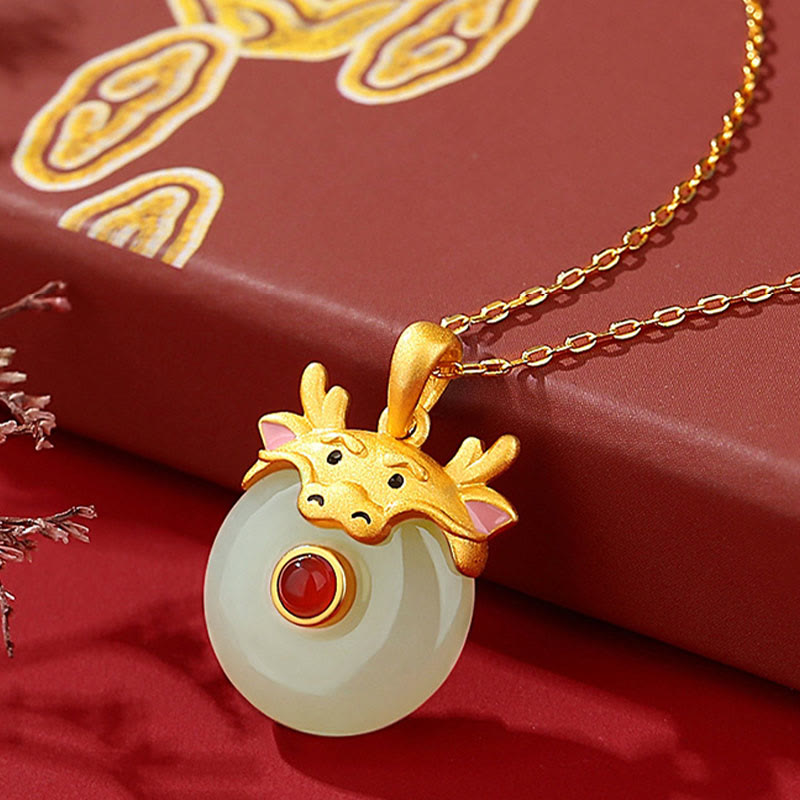 925 Sterling Silver Hetian Jade Chinese Zodiac Year of the Dragon Red Agate Luck Protection Necklace Pendant (Extra 30% Off | USE CODE: FS30)