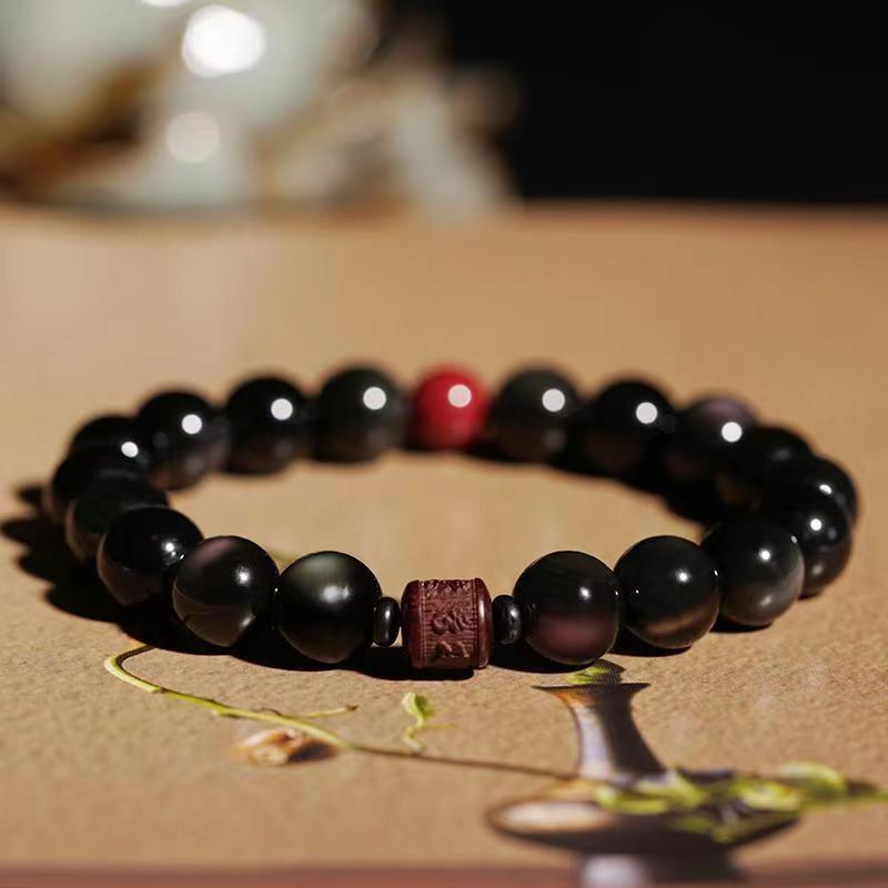 Natural Gold Sheen Obsidian Rainbow Obsidian Om Mani Padme Hum Fu Character Healing Bracelet
