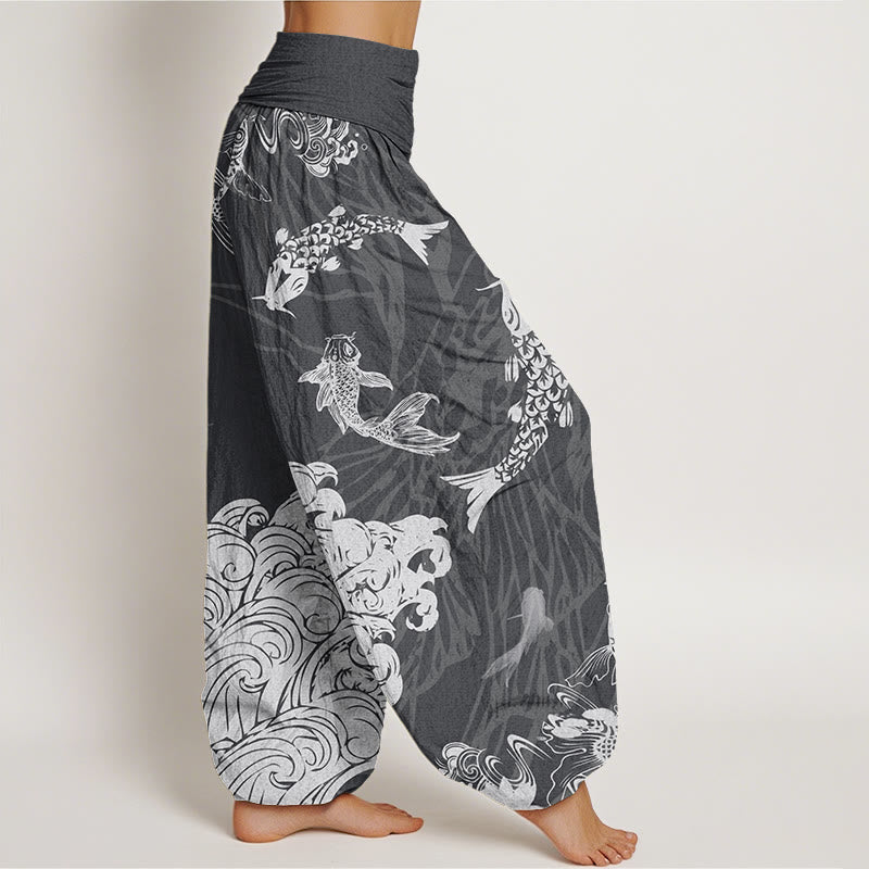 Koi FIsh Lotus Waves Women's Elastic Waist Harem Pants