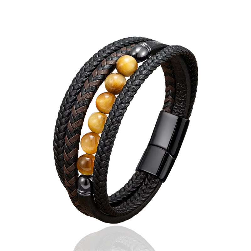 Tiger Eye Lava Rock Black Onyx Lazurite Hematite Bead Positive Leather Bracelet