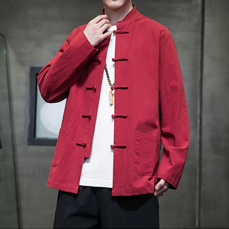Solid Color Frog-button Tang Suit Cotton Linen Men's Jacket Shirt With Pockets
