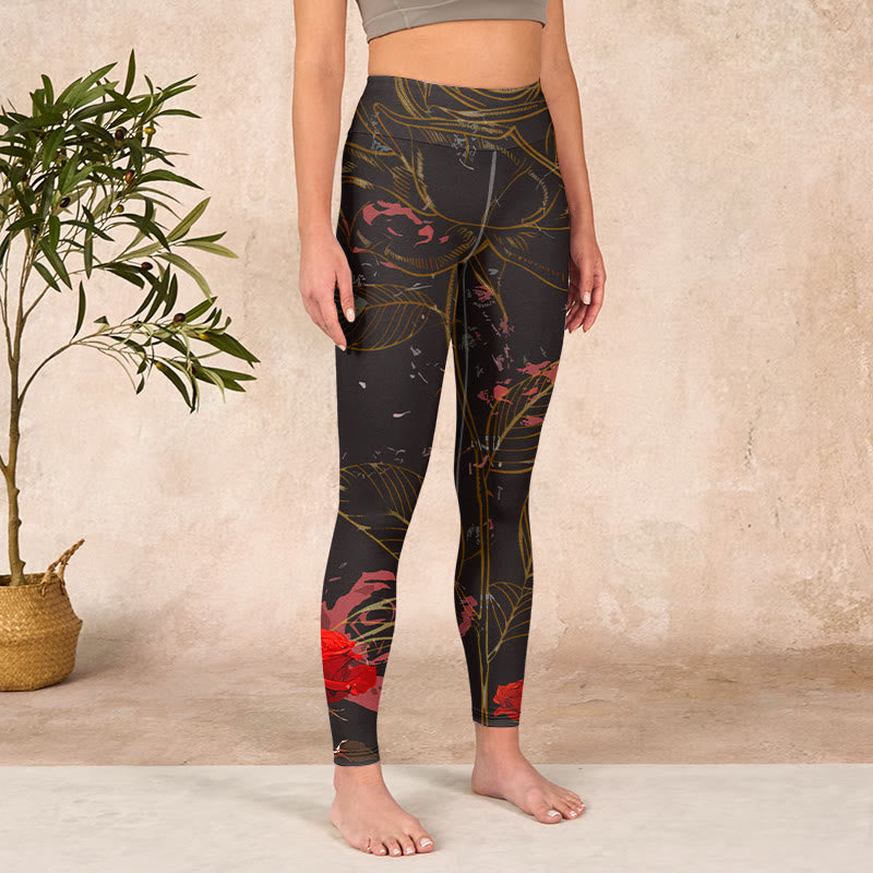 Red Roses Print Gym Leggings Women's Yoga Pants