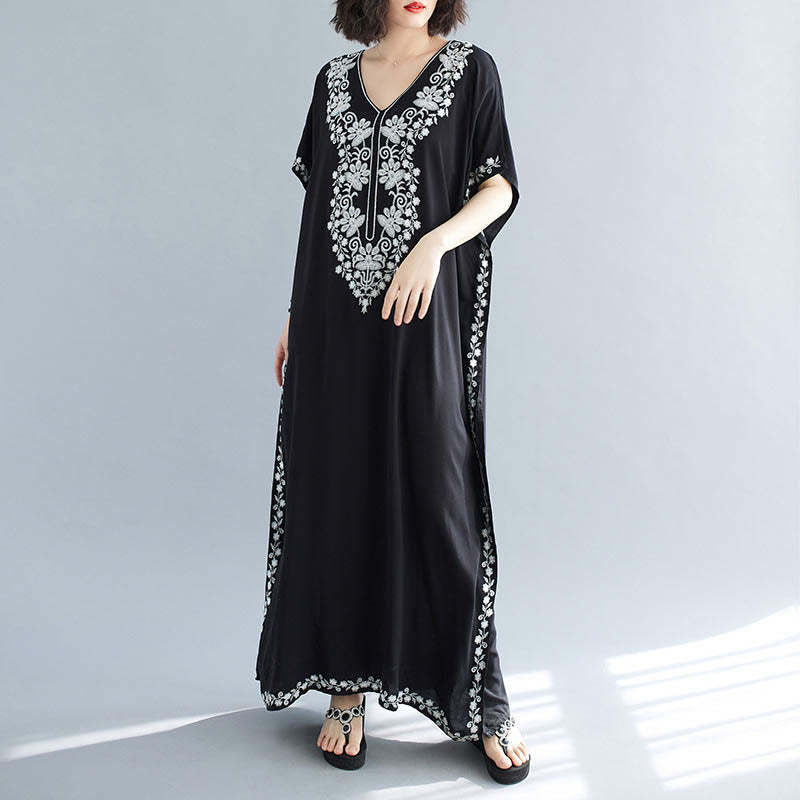 Summer Embroidery Flower V-Neck Short Sleeve Maxi Dress