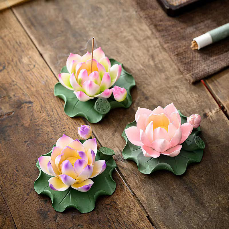 Lotus Flower Leaf Pod Spiritual Healing Ceramic Stick Incense Burner Decoration