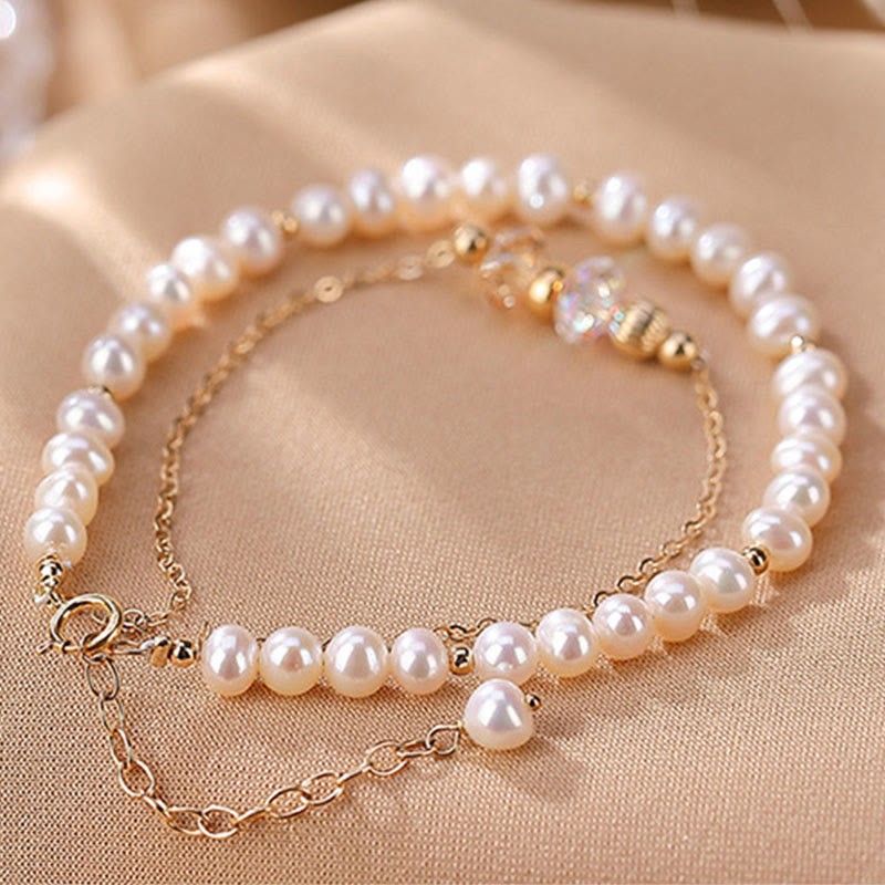 925 Sterling Silver 14K Gold Plated Natural Pearl Crystal Healing Double Layer Bracelet