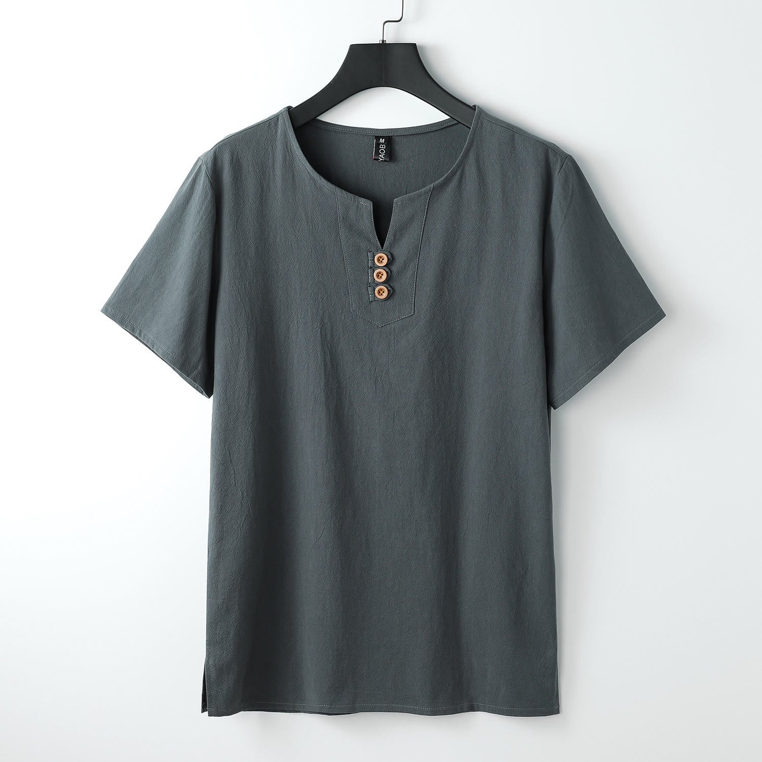 Men's T-Shirt Solid Color Top Short Sleeve Three-button V Collar Soft Cotton Shirt