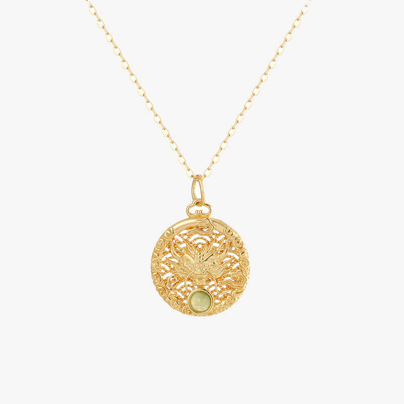 925 Sterling Silver Year Of The Dragon Round Natural Hetian Jade Inlaid Strength Necklace Pendant (Extra 30% Off | USE CODE: FS30)