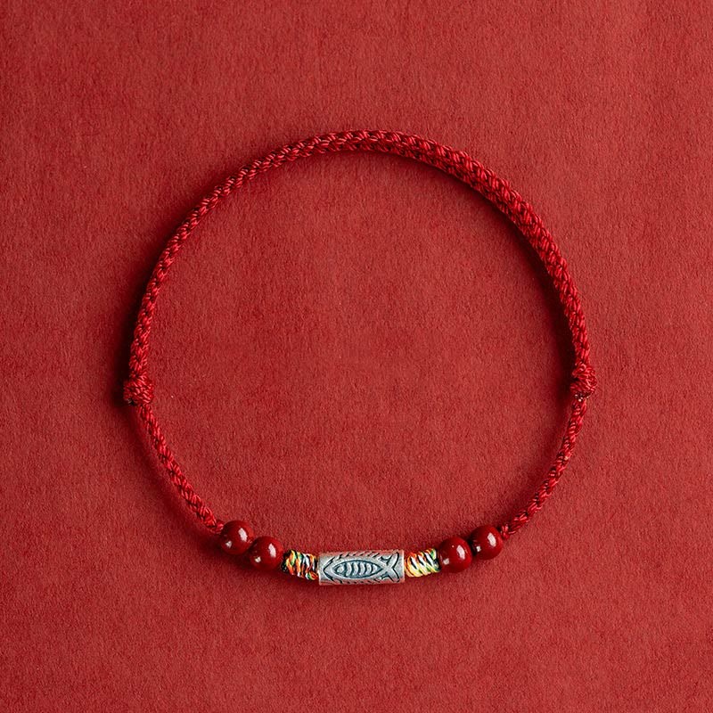 925 Sterling Silver Koi Fish Cinnabar Bead Wealth Handcrafted Braided Bracelet Anklet