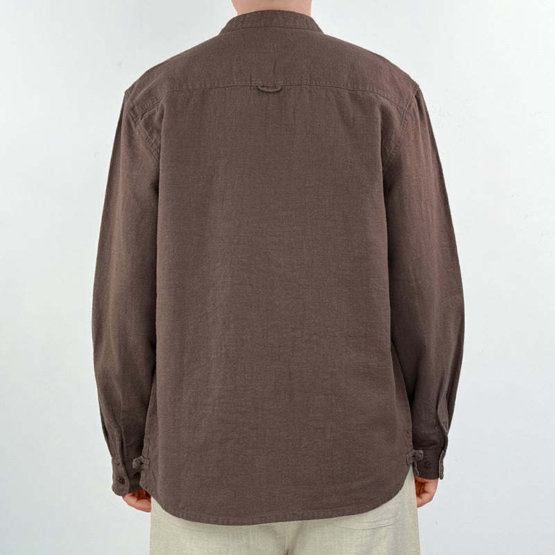 Casual Solid Color Ramie Linen Cotton Men's Shirt With Pockets
