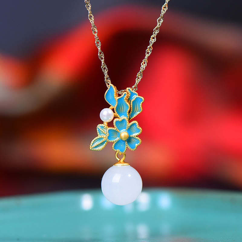 White Jade 925 Sterling Silver Pearl Flower Blessing Necklace Pendant Ring Earrings