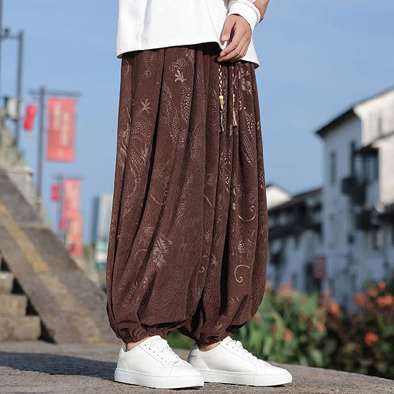 Dragon Design Casual Plain Cotton Men's Pants With Pockets