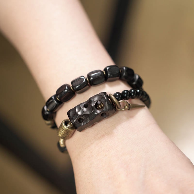 Ebony Wood Black Obsidian Copper Brass Peace Double Wrap Bracelet