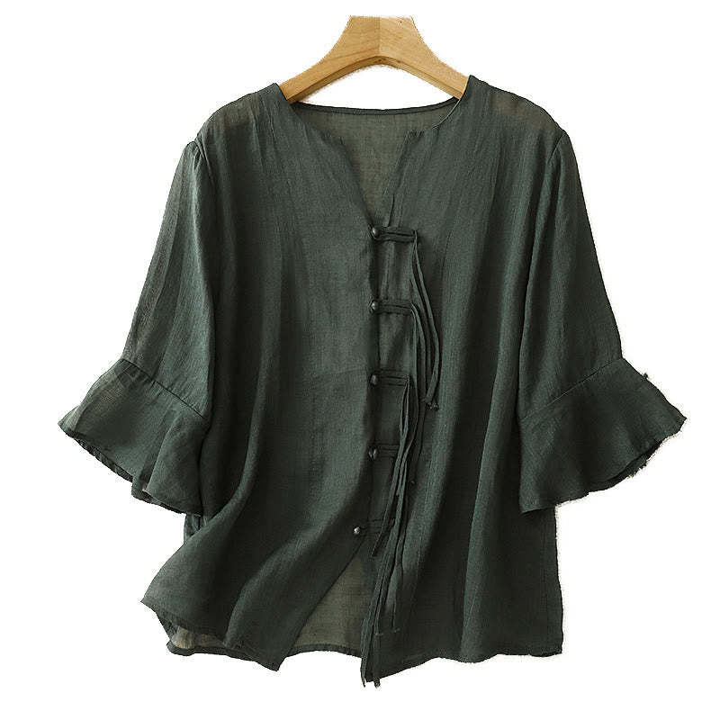 Casual Women's V-Neck Design Half Bell Sleeve Cotton Linen Cardigan Shirt