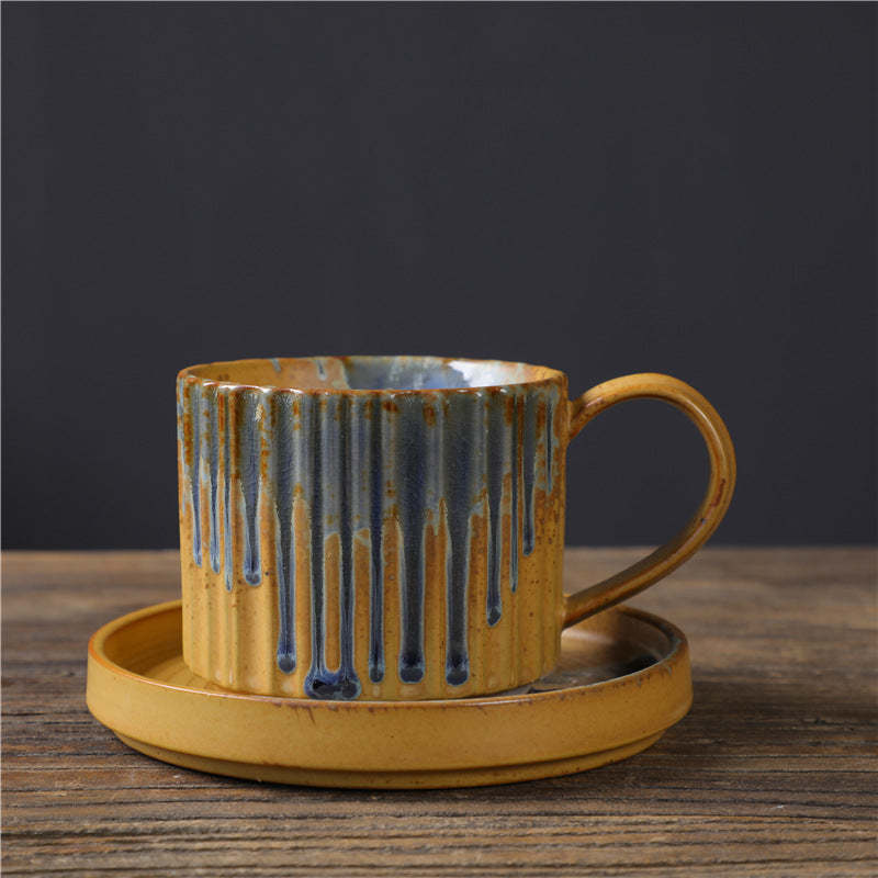 Retro Striped Kiln Change Ceramic Coffee Mug Rough Pottery Tea Coffee Cup With Saucer 250ml