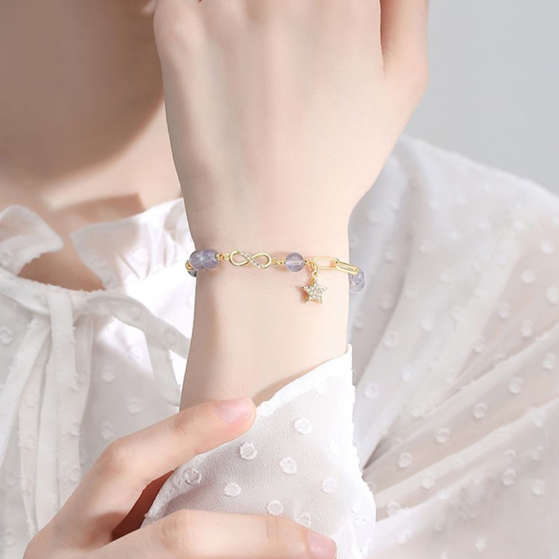 14K Gold Plated Natural Strawberry Quartz Moonstone M?bius Loop Eternal Love Star Positive Bracelet