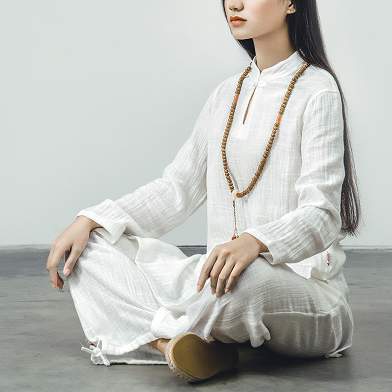 2Pcs Tang Suit Frog-Button Shirt Top Pants Meditation Zen Tai Chi Cotton Linen Clothing Women's Set