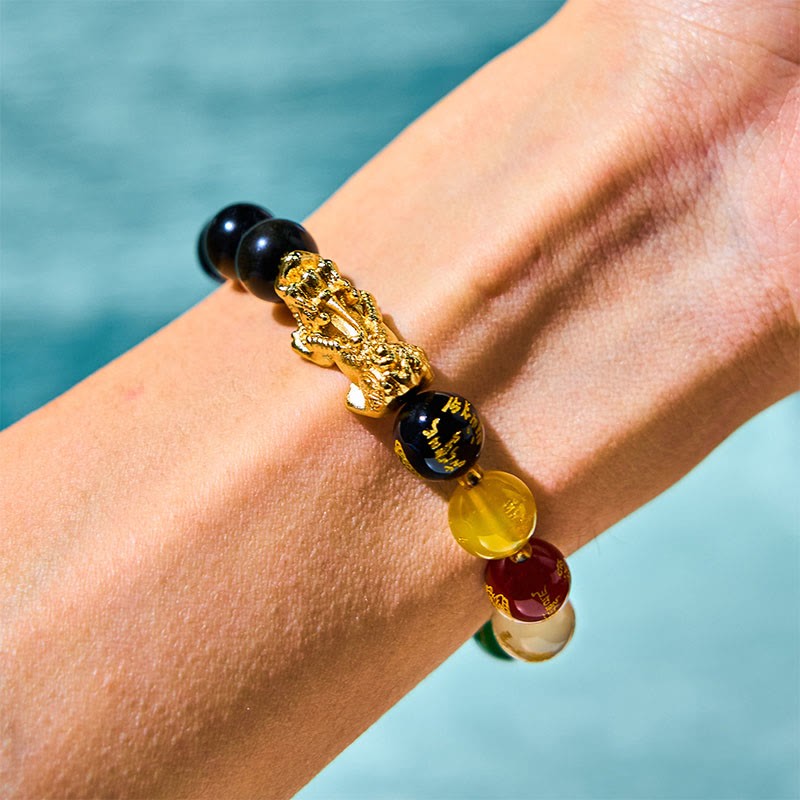 Natural Gold Sheen Obsidian PiXiu Five Directions Gods of Wealth Protection Bracelet