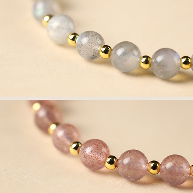 14K Gold Plated Natural Strawberry Quartz Labradorite Sun Stone Fu Character Positive Charm Bracelet