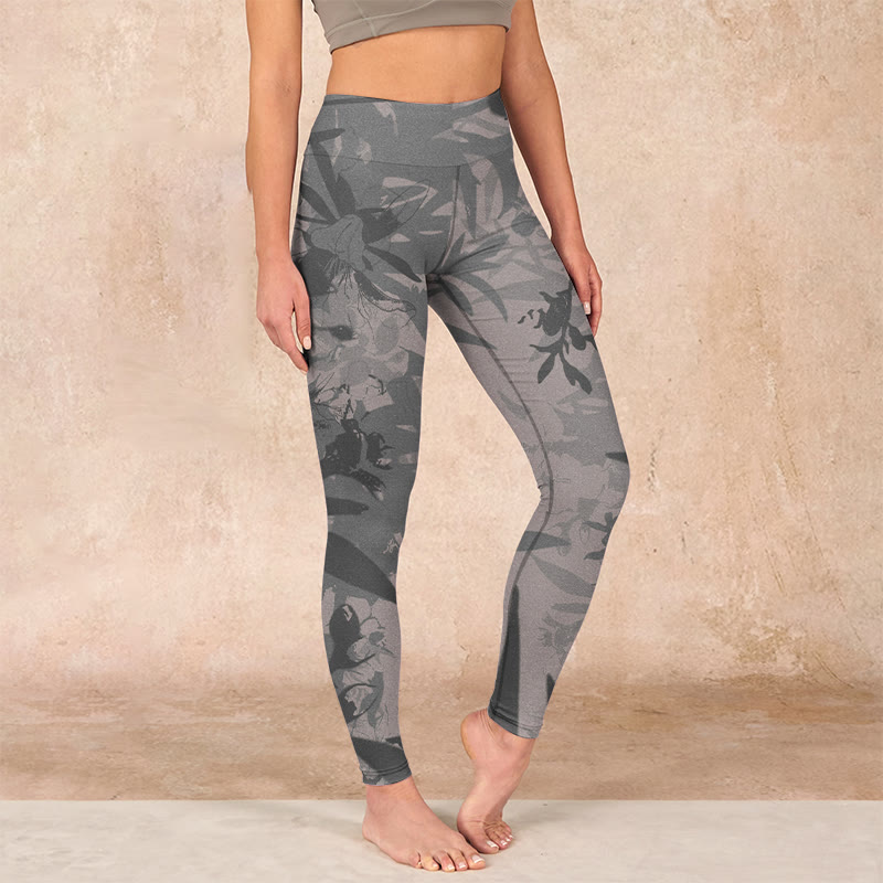 Gray Leaves Print Gym Leggings Women's Yoga Pants