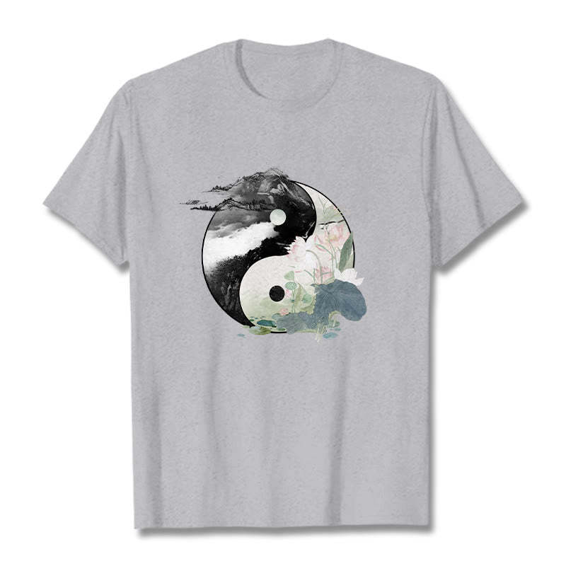 Yin Yang Lotus Leaf Ink Painting Cotton Tee T-shirt