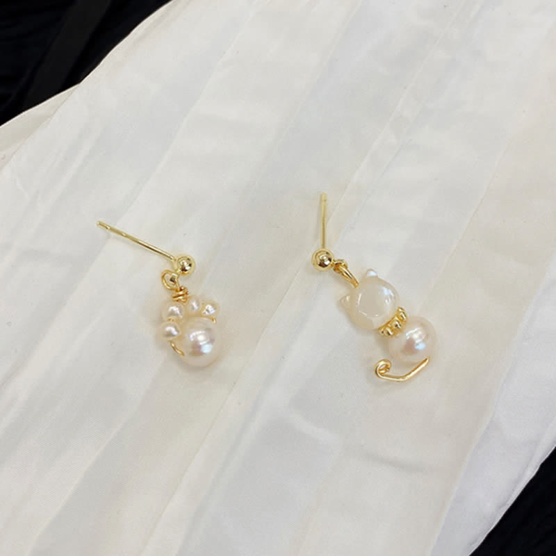 Cute Cat Paw Pearl Wisdom Stud Drop Earrings