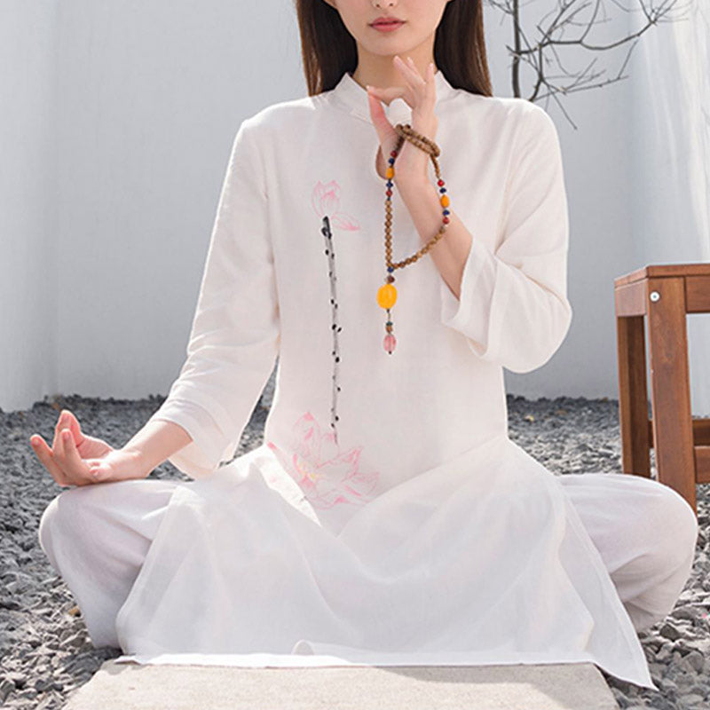 2Pcs Lotus Pattern Tai Chi Meditation Yoga Cotton Linen Clothing Top Pants Women's Set