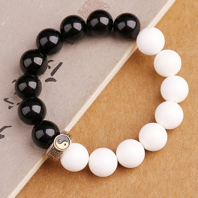 925 Sterling Silver Black Obsidian White Shell Yin Yang Strength Bracelet