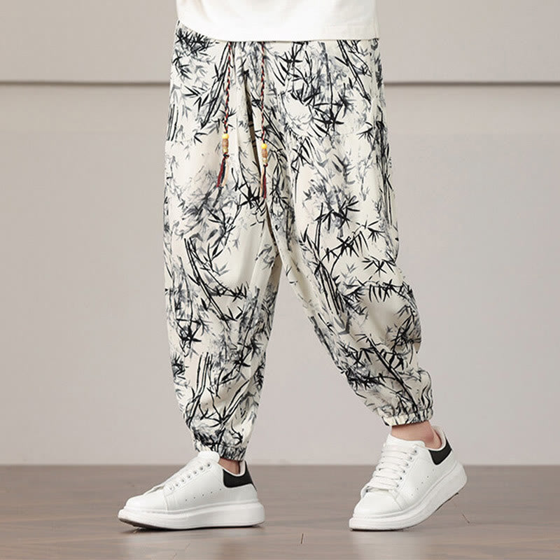 Bamboo Leaf Pattern Drawstring Men's Harem Pants With Pockets