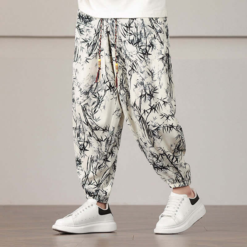 Bamboo Leaf Pattern Drawstring Men's Harem Pants With Pockets