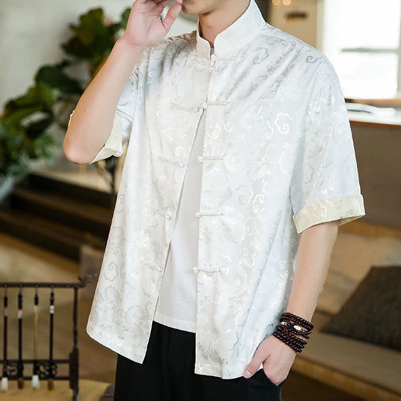 Chinese Tang Suit Frog-button Dragon Print Men's Half Sleeve Shirts
