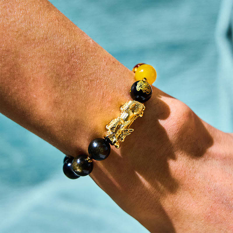 Natural Gold Sheen Obsidian PiXiu Five Directions Gods of Wealth Protection Bracelet